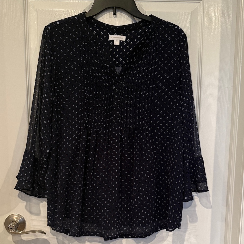 Charter Club Dark Blue Patterned Blouse